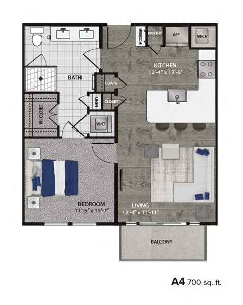 Floor plan for 1 bed, 1 bath, 700 sqft